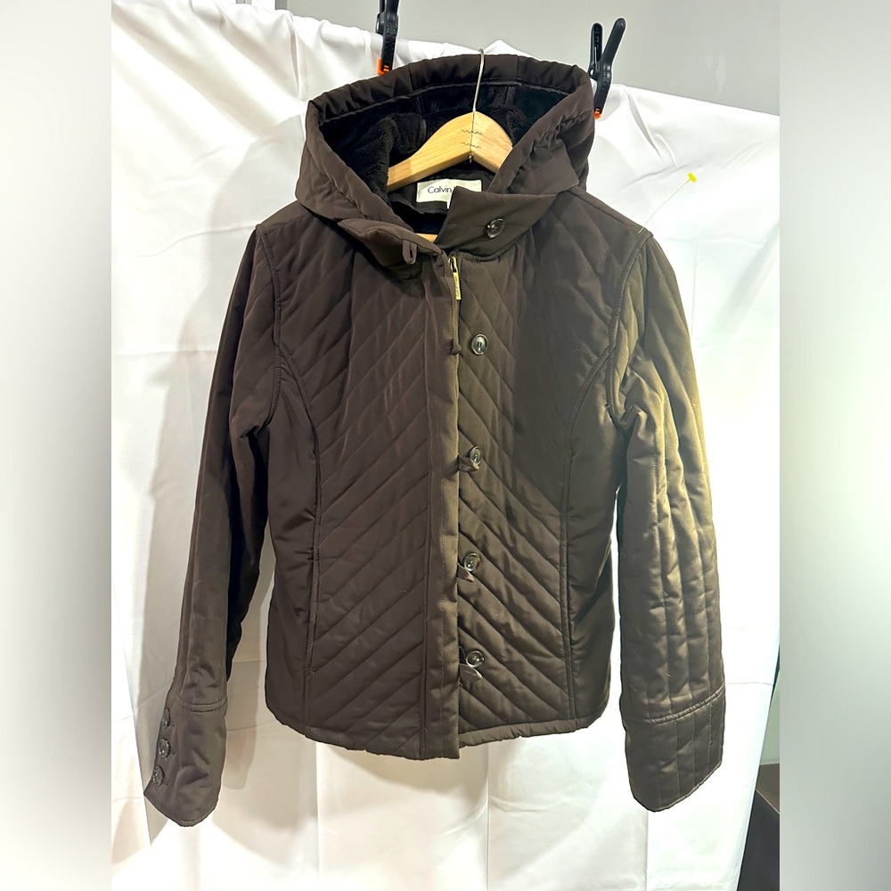 Calvin Klein women hooded puffer jacket coat size L cropped brown